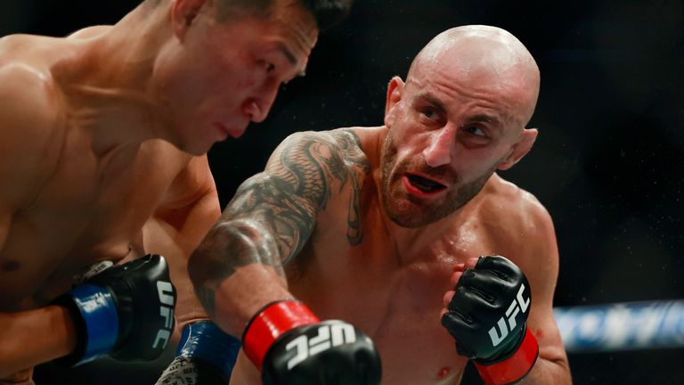 Alexander Volkanovski connects in the second round against Chan Sung Jung, aka The Korean Zombie, Saturday, April 9, 2022 during UFC 273 at VyStar Veterans Memorial Arena in Jacksonville. (Corey Perrine/The Florida Times-Union via AP)