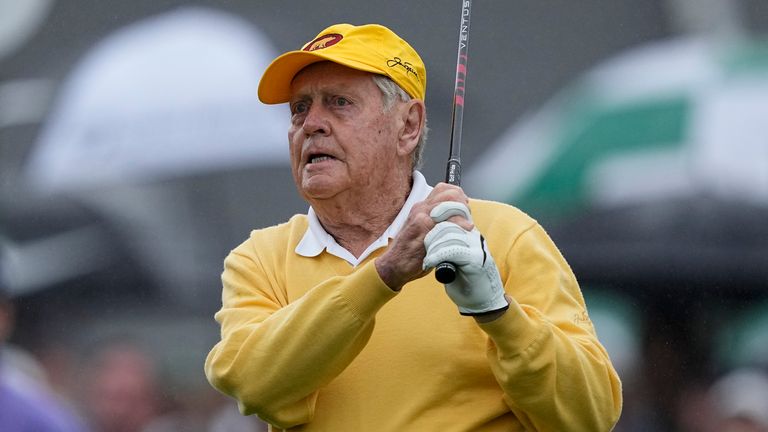 Jack Nicklaus hits his tee shot during the honorary starter ceremony before the first round at the Masters golf tournament on Thursday, April 7, 2022, in Augusta, Ga. (AP Photo/David J. Phillip)