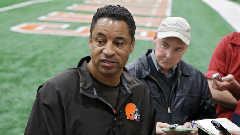 Cleveland Browns defensive coordinator Ray Horton talks to reporters after practice at the NFL football team's facility in Berea, Ohio Thursday, Dec. 19, 2013. (AP Photo/Mark Duncan)