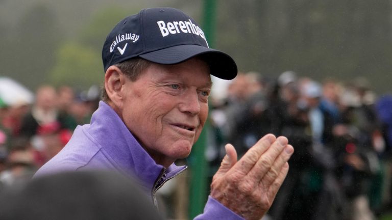 Tom Watson gets ready to hit in the honorary starter ceremony before the first round at the Masters golf tournament on Thursday, April 7, 2022, in Augusta, Ga. (AP Photo/Charlie Riedel)