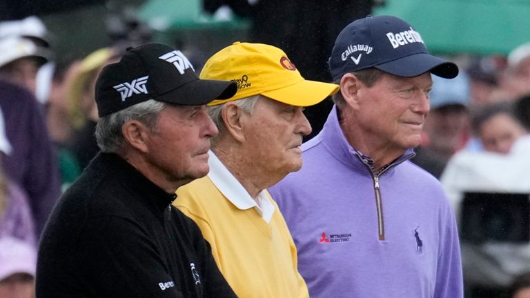 Tom Watson, from right, Jack Nicklaus and Gary Player participate in the honorary starter ceremony before the first round at the Masters golf tournament on Thursday, April 7, 2022, in Augusta, Ga. (AP Photo/Matt Slocum)