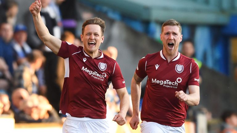 KILMARNOCK, SCOTLAND - APRIL 22: Arbroath&#39;s James Craigen (L) celebrates making it 1-0 during a cinch Championship match between Kilmarnock and Arbroath at Rugby Park, on April 22, 2022, in Kilmarnock, Scotland.  (Photo by Craig Foy / SNS Group)