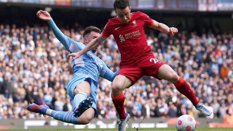 Manchester City&#39;s Aymeric Laporte (left) and Liverpool&#39;s Diogo Jota battle for the ball