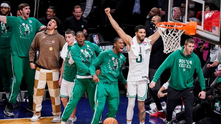Boston Celtics celebrate sweeping the Brooklyn Nets in Round 1 of the NBA Playoffs