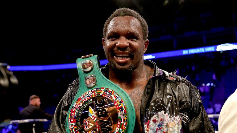 Dillian Whyte celebrates victory after defeating Oscar Rivas on points in the WBC interim Heavyweight title fight at the O2 Arena, London.