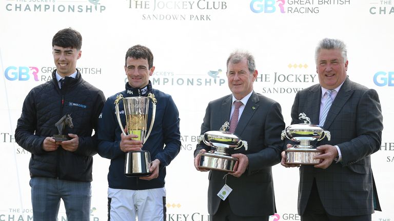 Hughes with (left to right) champion conditional jockey Kevin Brogan, leading owner JP McManus and champion trainer Paul Nicholls