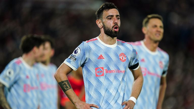 Manchester United's Bruno Fernandes looks crestfallen after the 4-0 loss to Liverpool at Anfield
