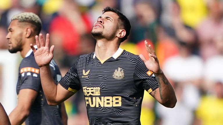 Bruno Guimaraes celebrates after putting Newcastle 3-0 up at Norwich