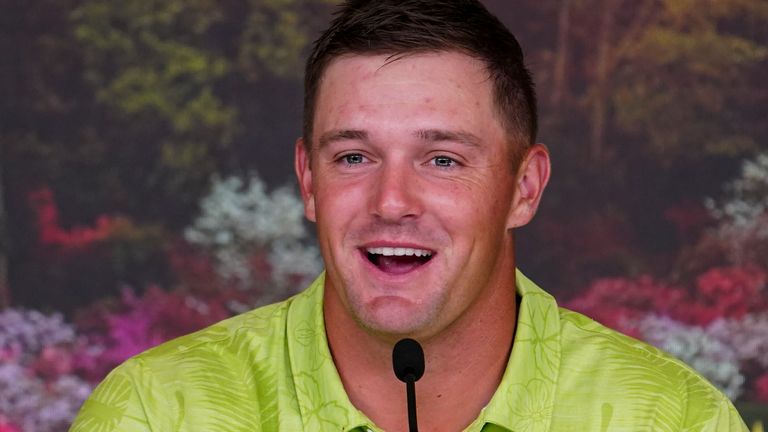 Bryson DeChambeau speaks to the media during a press conference in the Interview Room during practice round 1 for the Masters at Augusta National Golf Club, Monday, April 4, 2022.