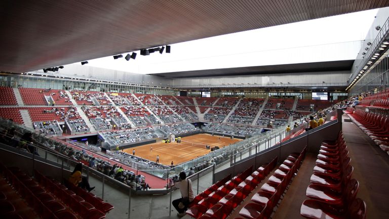 A general view of the new Caja Magica (Magic Box) tennis stadium, which will host the combined men and women's Madrid Open Tennis Tournament from May 8 to May 17, in Madrid, Saturday, May 9, 2009. The arena grounds feature three stadiums with sliding roofs. (AP Photo/Paul White)