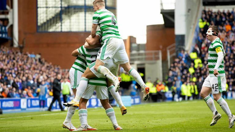 Celtic&#39;s Cameron Carter-Vickers celebrates his goal with team-mates