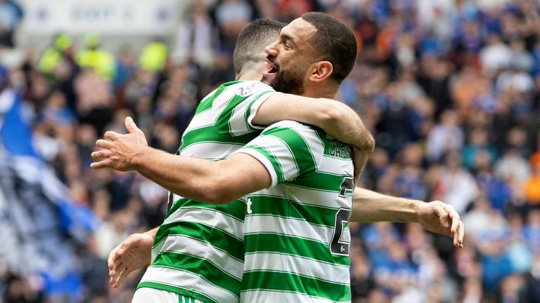 Celtic's Cameron Carter-Vickers celebrates his goal with Tom Rogic (L) after making it 2-1