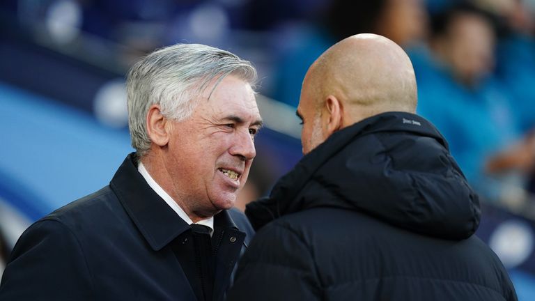 Real Madrid manager Carlo Ancelotti and Manchester City manager Pep Guardiola during the UEFA Champions League Semi Final, First Leg, at the Etihad Stadium, Manchester.