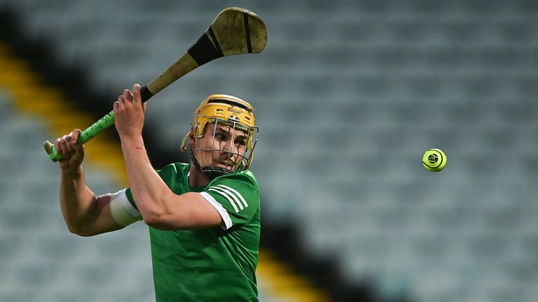 6 April 2022; Cathal O'Neill of Limerick scores his side's third goal, from a free in second half injury-time, during the 2022 oneills.com Munster GAA Hurling Under 20 Championship Group 1 Round 1 match between Limerick and Clare at TUS Gaelic Grounds in Limerick. Photo by Piaras .. M..dheach/Sportsfile