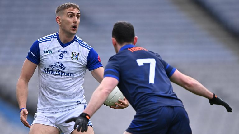 2 April 2022; Killian Clarke of Cavan in action against Tommy Maher of Tipperary during the Allianz Football League Division 4 Final match between Cavan and Tipperary at Croke Park in Dublin. Photo by Piaras .. M..dheach/Sportsfile