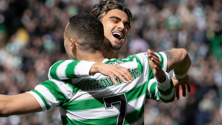GLASGOW, SCOTLAND - APRIL 09: Celtic's Giorgos Giakoumakis (L) celebrates making it 2-0 with Jota during a cinch Premiership match between Celtic and St Johnstone at Celtic Park, on April 09, 2022, in Glasgow, Scotland. (Photo by Craig Williamson / SNS Group)