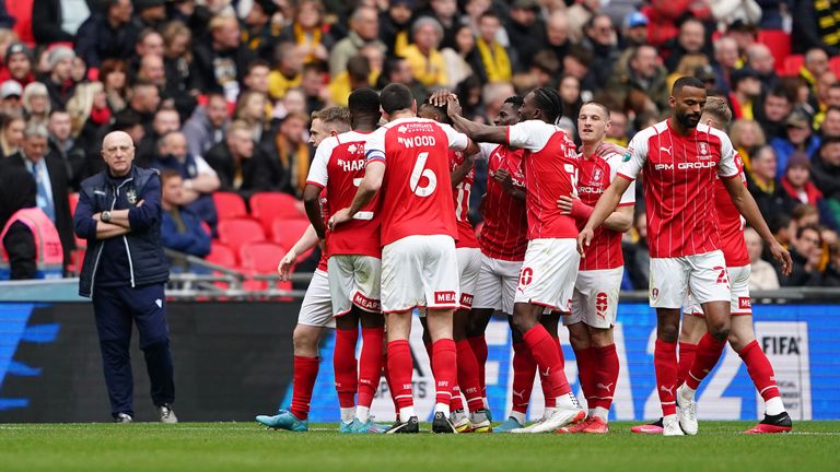 Rotherham celebrate after Chiedozie Ogbene's goal puts them ahead in extra-time against Sutton in the Papa John's Trophy final