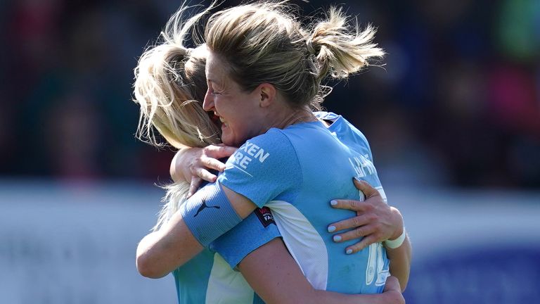 Manchester City&#39;s Chloe Kelly (left) celebrates scoring their side&#39;s second goal of the game with team-mate Ellen White