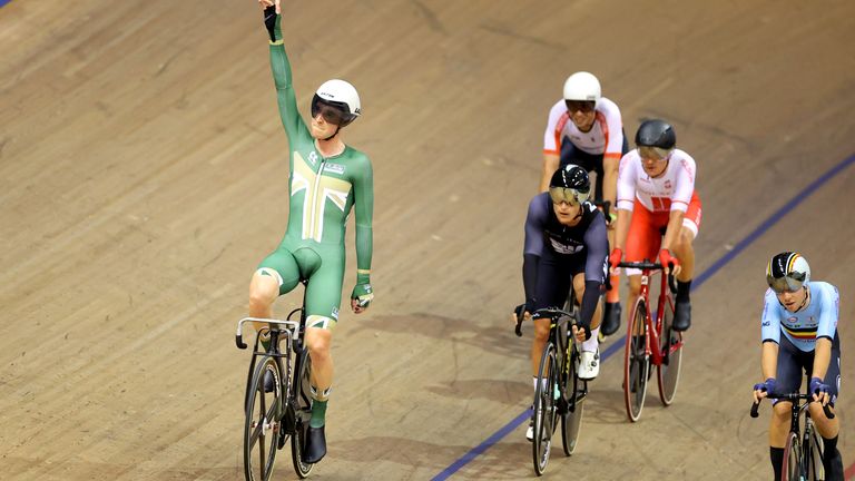 Chris Wood celebrates his omnium victory at the UCI Track Nations Cup