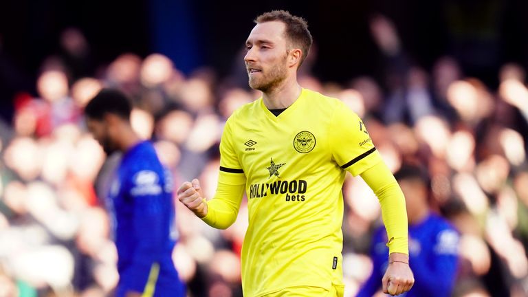 Christian Eriksen celebrates as Brentford beat Chelsea