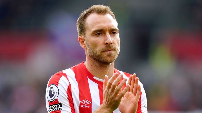 Brentford&#39;s Christian Eriksen applauds the fans ahead of the Premier League match at the Brentford Community Stadium, London. Picture date: Saturday April 23, 2022.