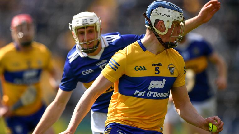 24 April 2022; Diarmuid Ryan of Clare is tackled by Ger Browne of Tipperary during the Munster GAA Hurling Senior Championship Round 2 match between Tipperary and Clare at FBD Semple Stadium in Thurles, Tipperary. Photo by Ray McManus/Sportsfile
