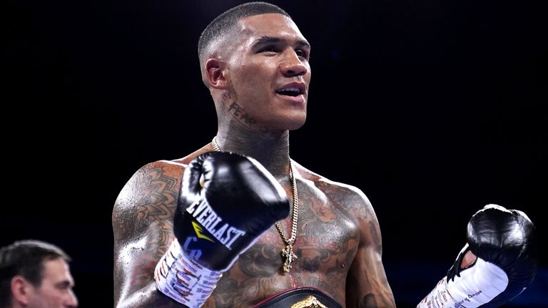 Conor Benn celebrates victory after knocking out Chris van Heerden in the World Boxing Association Continental Welter Title bout at the AO Arena, Manchester. Picture date: Saturday April 16, 2022.