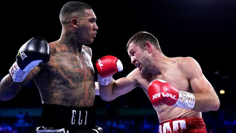 Conor Benn (left) in action against Chris van Heerden during the World Boxing Association Continental Welter Title bout at the AO Arena, Manchester. Picture date: Saturday April 16, 2022.
