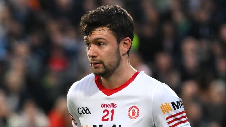 16 April 2022; Conor McKenna of Tyrone leaves the pitch after receiving a red card during the Ulster GAA Football Senior Championship preliminary round match between Fermanagh and Tyrone at Brewster Park in Enniskillen, Fermanagh. Photo by Stephen McCarthy/Sportsfile