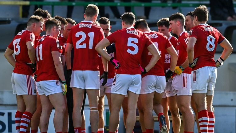 13 March 2022; The Cork team huddle at half-time in the Allianz Football League Division 2 match between Meath and Cork at P..irc T..ilteann in Navan, Meath. Photo by Brendan Moran/Sportsfile