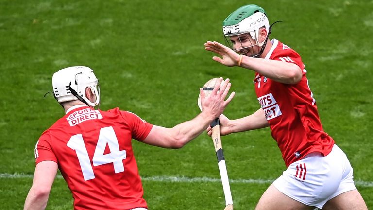 17 April 2022; Shane Kingston of Cork celebrates with teammate Patrick Horgan after scoring his side's first goal during the Munster GAA Hurling Senior Championship Round 1 match between Cork and Limerick at P..irc U.. Chaoimh in Cork. Photo by Stephen McCarthy/Sportsfile