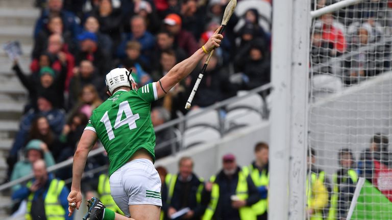 17 April 2022; Aaron Gillane of Limerick celebrates scoring his side's secon goal, in the 34th minute, during the Munster GAA Hurling Senior Championship Round 1 match between Cork and Limerick at P..irc U.. Chaoimh in Cork. Photo by Ray McManus/Sportsfile