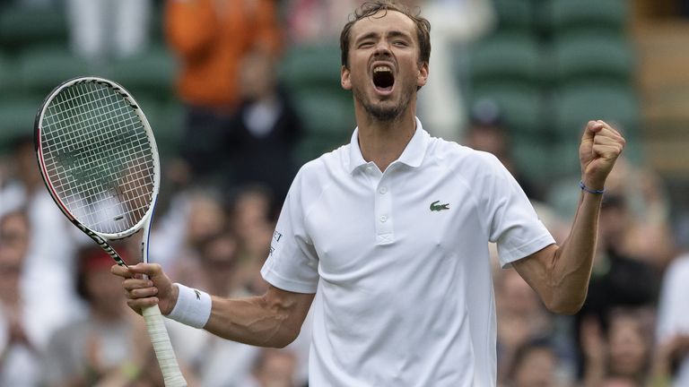 Daniil Medvedev celebrates winning against Marin Cilic in the third round of the Gentlemen&#39;s Singles on day six of Wimbledon at The All England Lawn Tennis and Croquet Club, Wimbledon. Picture date: Saturday July 3, 2021.