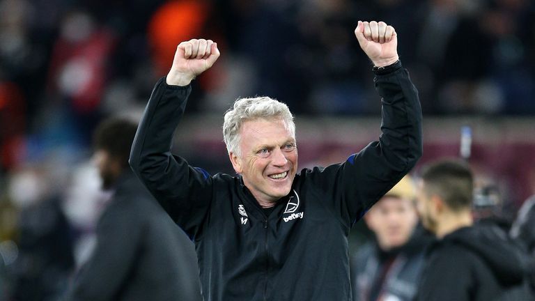 West Ham United manager David Moyes celebrates victory after the UEFA Europa League round of sixteen second leg match at the London Stadium. Picture date: Thursday March 17, 2022.