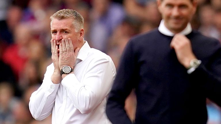 Dean Smith reacts during Norwich&#39;s 2-0 loss at Villa Park. The result confirmed the club&#39;s relegation the Sky Bet Championship