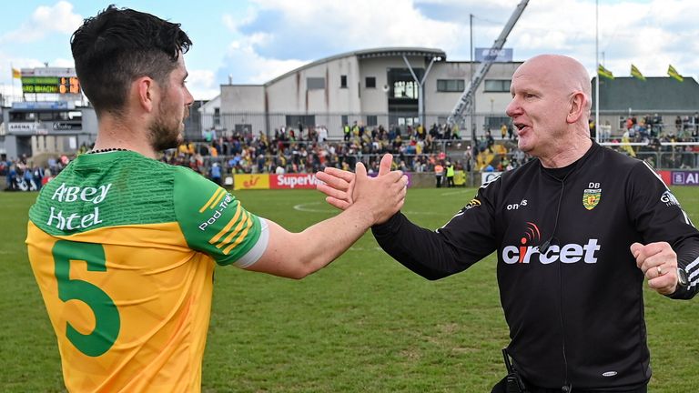 24 April 2022; Donegal manager Declan Bonner, right, and Ryan McHugh of Donegal after their victory in the Ulster GAA Football Senior Championship Quarter-Final match between Donegal and Armagh at P..irc MacCumhaill in Ballybofey, Donegal. Photo by Ramsey Cardy/Sportsfile