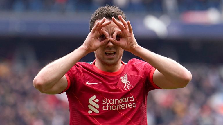 Diogo Jota celebrates scoring Liverpool&#39;s equaliser