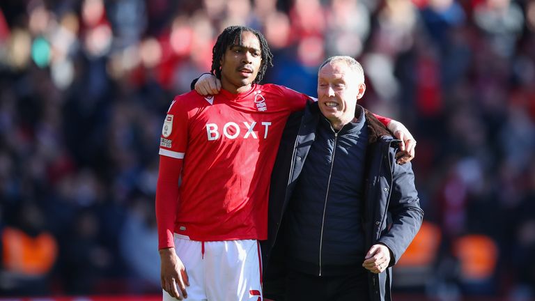 Nottingham Forest's Djed Spence and Steve Cooper