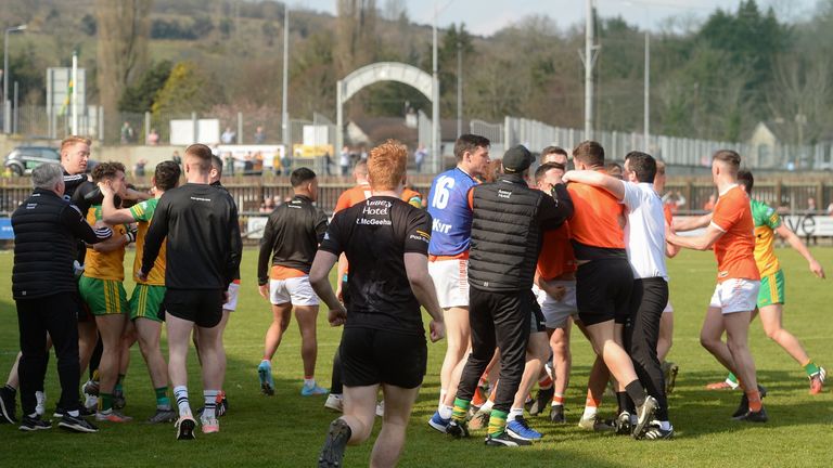 27 March 2022; Both sides scuffle after the Allianz Football League Division 1 match between Donegal and Armagh at O'Donnell Park in Letterkenny, Donegal. Photo by Oliver McVeigh/Sportsfile