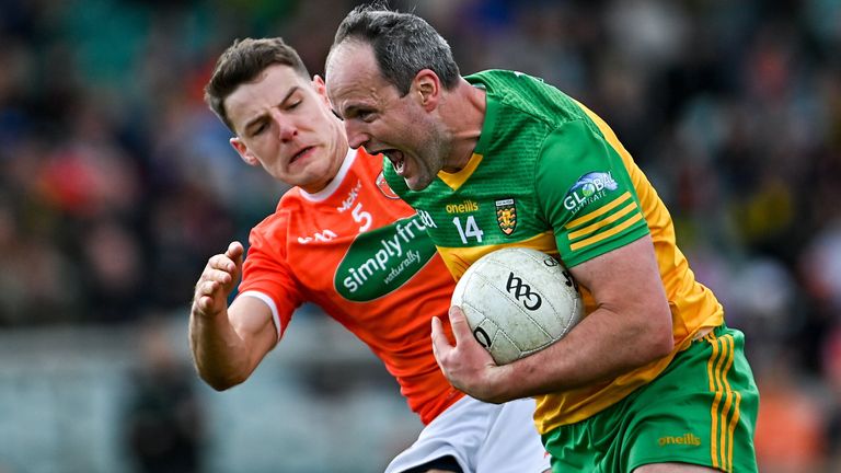 24 April 2022; Michael Murphy of Donegal in action against Niall Grimley of Armagh during the Ulster GAA Football Senior Championship Quarter-Final match between Donegal and Armagh at P..irc MacCumhaill in Ballybofey, Donegal. Photo by Ramsey Cardy/Sportsfile