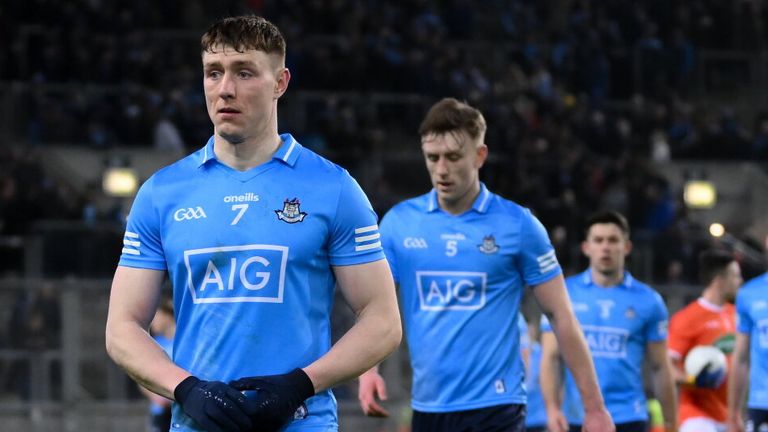 29 January 2022; John Small and his Dublin team-mates leave the pitch following defeat in the Allianz Football League Division 1 match between Dublin and Armagh at Croke Park in Dublin. Photo by Stephen McCarthy/Sportsfile