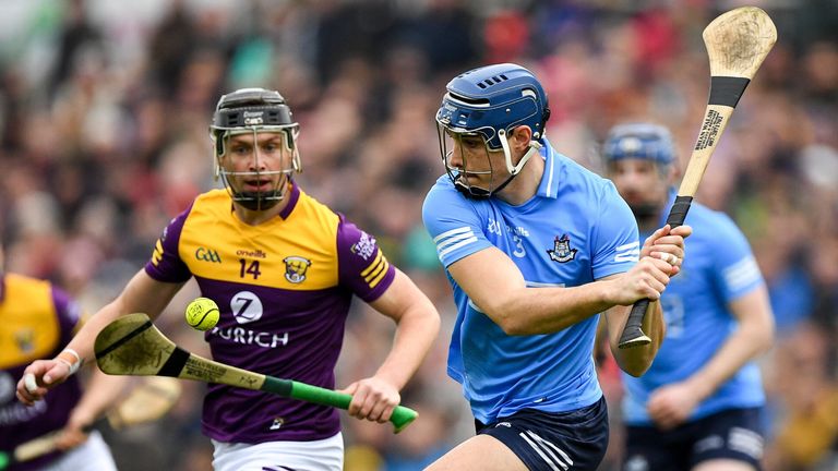 23 April 2022; Eoghan O'Donnell of Dublin in action against Conor McDonald of Wexford during the Leinster GAA Hurling Senior Championship Round 2 match between Wexford and Dublin at Chadwicks Wexford Park in Wexford. Photo by E..in Noonan/Sportsfile