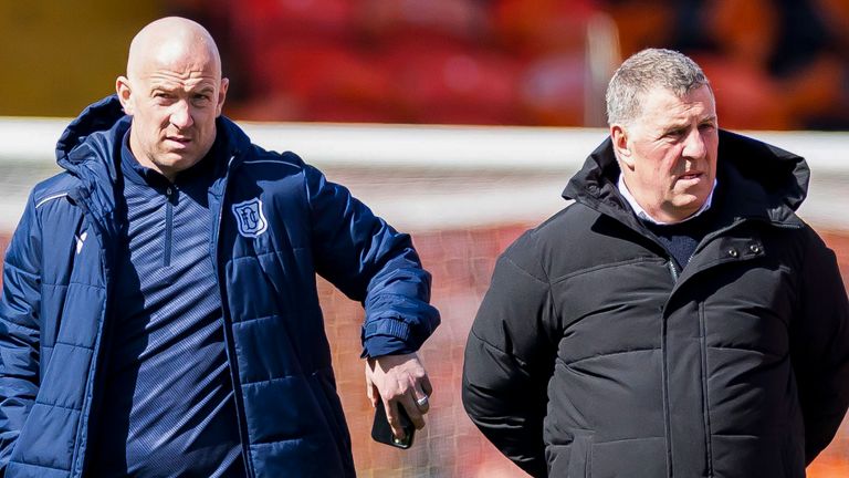 DUNDEE, SCOTLAND - APRIL 09: Dundee manager Mark McGhee (right), assistant manager Dave McKay (left) and Charlie Adam  before a cinch Premiership match between Dundee United and Dundee at Tannadice, on April 09, 2022, in Dundee, Scotland. (Photo by Roddy Scott / SNS Group)