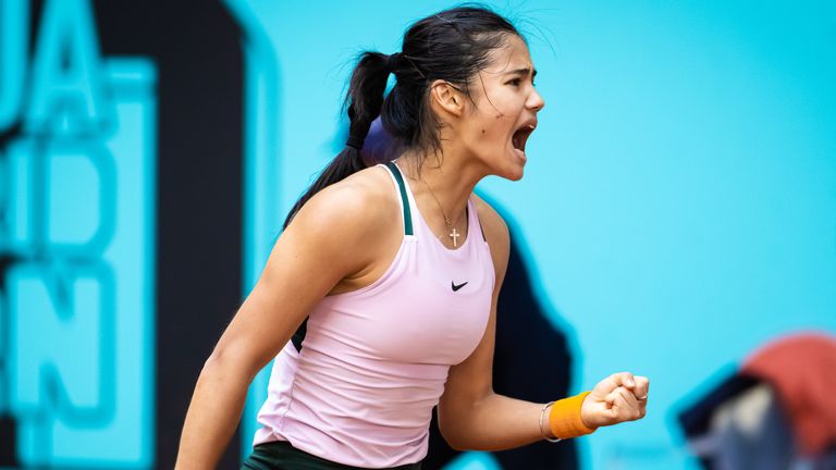 MADRID, SPAIN - APRIL 29: Emma Raducanu of Great Britain in action against Tereza Martincova of the Czech Republic in her first round match on Day 2 of the Mutua Madrid Open at La Caja Magica on April 29, 2022 in Madrid, Spain (Photo by Robert Prange/Getty Images)