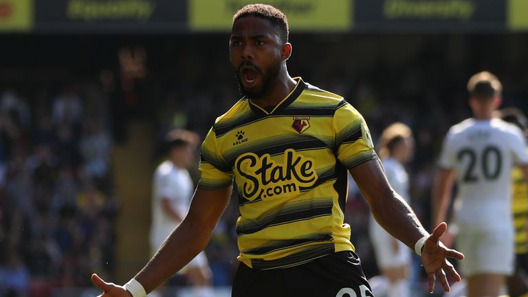 Watford&#39;s Emmanuel Dennis celebrates his equaliser