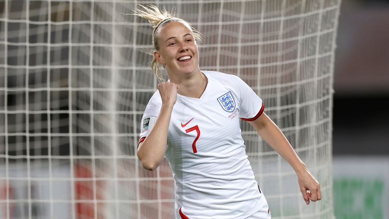 England&#39;s Beth Mead celebrates after scoring against North Macedonia in World Cup qualifier 