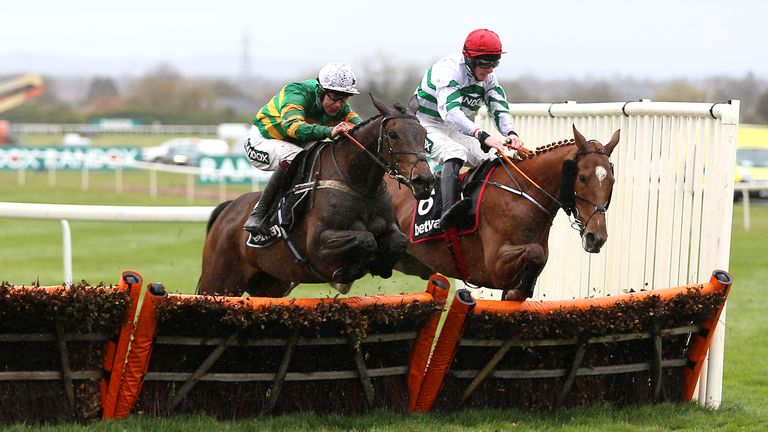 Epatante and Aidan Coleman jumping the last in the Aintree Hurdle