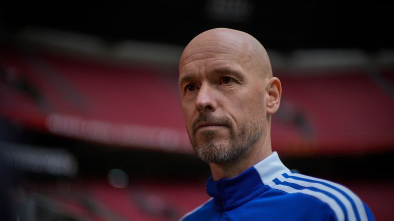 Ajax coach Erik Ten Hag is interviewed at the ArenA stadium in Amsterdam, Netherlands, Friday, April 15, 2022. British and Dutch media are reporting that Ten Hag has reached a verbal agreement to coach Manchester United.(AP Photo/Peter Dejong)