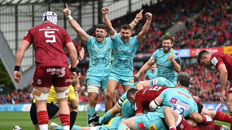 Exeter celebrate Jacques Vermeulen's try early in the second half 