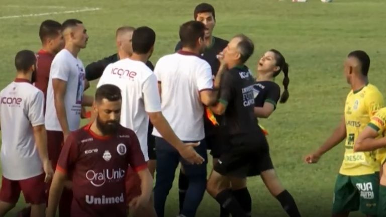 An assistant referee was headbutted by a coach during a match for the Espirito Santo State Championship in Brazil.